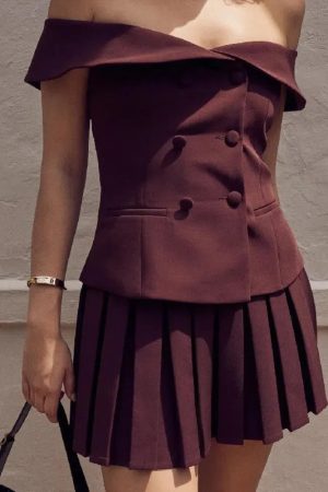 Off Shoulder Top & Pleated Mini Skirt Two Piece Set