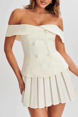 Off Shoulder Top & Pleated Mini Skirt Two Piece Set
