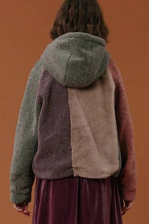 Patchwork Fluffy Hoodie Jacket