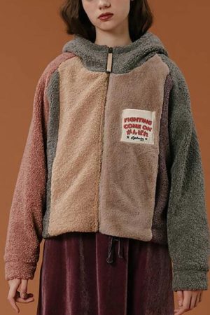 Patchwork Fluffy Hoodie Jacket
