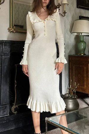 Peter Pan Collar Ribbed Midi Dress