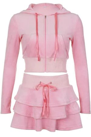 Pink Aesthetic Skirt & Hoodie Two Piece Set