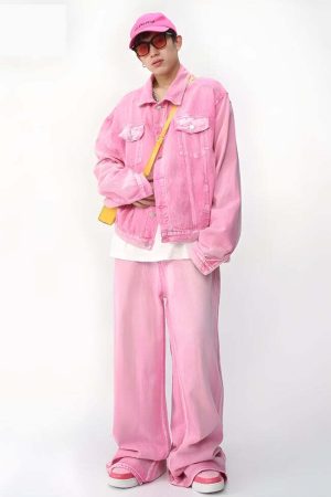 Pink Denim Jacket & Pants Two Piece Set
