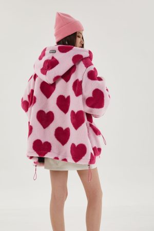 Pink Heart Pattern Hooded Jacket