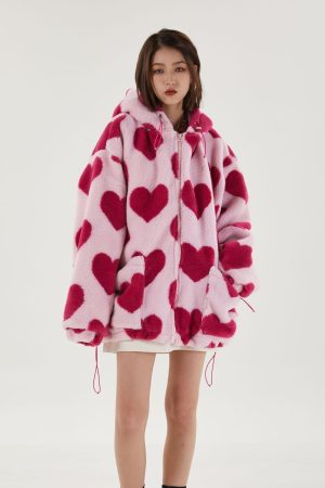 Pink Heart Pattern Hooded Jacket