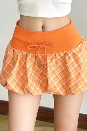 Plaid Drawstring Bubble Mini Skirt