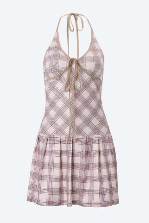 Plaid Halter Neck Pleated Mini Dress