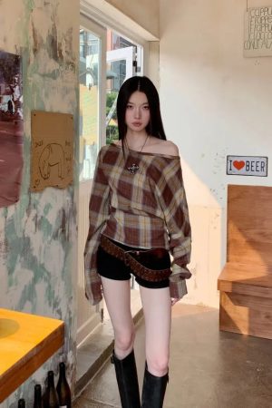 Plaid One Shoulder Top