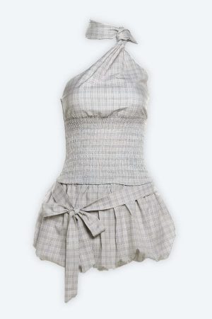 Plaid Ruched Top & Balloon Mini Skirt Two Piece Set