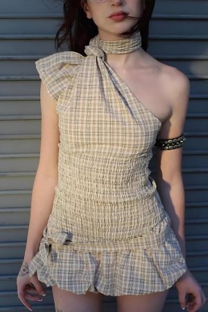 Plaid Ruched Top & Balloon Mini Skirt Two Piece Set