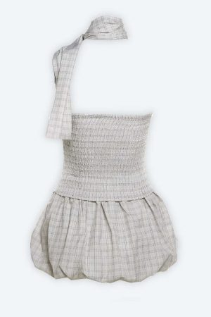 Plaid Ruched Top & Balloon Mini Skirt Two Piece Set