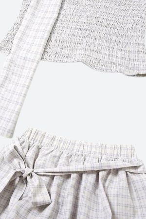 Plaid Ruched Top & Balloon Mini Skirt Two Piece Set