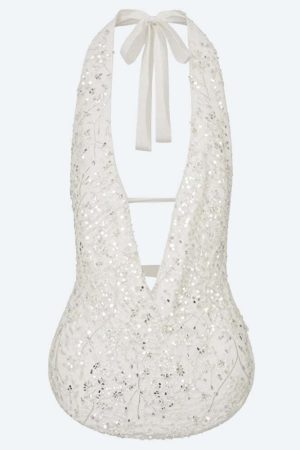 Plunge Neck Sequined Beaded Top