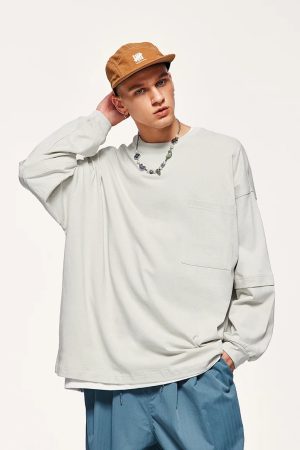 Pocket Layered Sleeve Basic Sweatshirt
