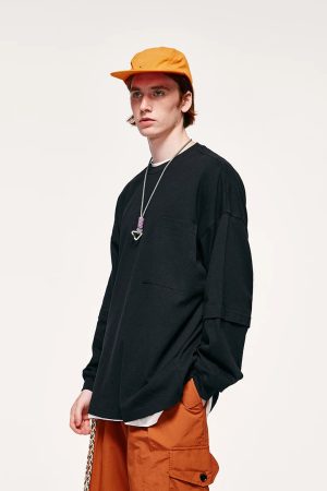 Pocket Layered Sleeve Basic Sweatshirt