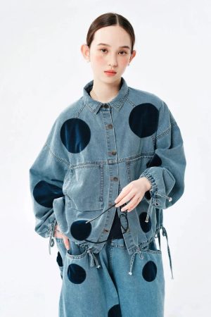Polka Dot Button Up Denim Jacket