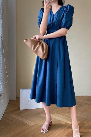 Puff Sleeve Wrap Midi Dress