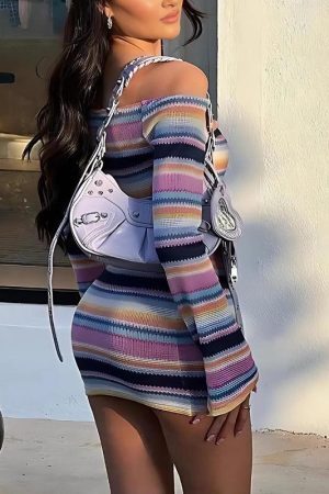 Rainbow Off Shoulder Knitted Mini Dress