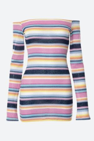 Rainbow Off Shoulder Knitted Mini Dress