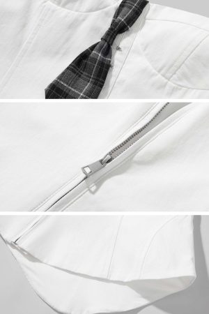 Rase le sol Asymmetric Buttoned Strapless Top with Plaid Tie Accent