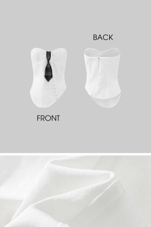 Rase le sol Asymmetric Buttoned Strapless Top with Plaid Tie Accent