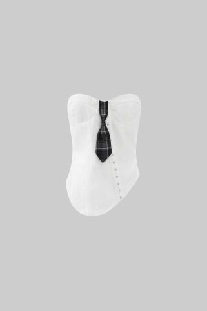 Rase le sol Asymmetric Buttoned Strapless Top with Plaid Tie Accent