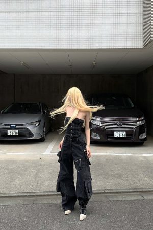 Rase le sol Black Structured Cargo Jumpsuit