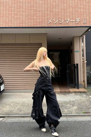 Rase le sol Black Structured Cargo Jumpsuit