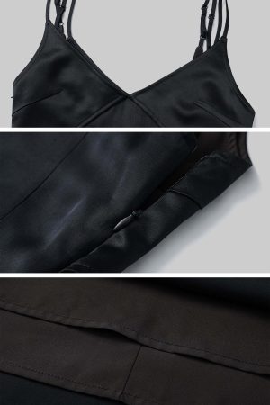 Rase le sol Cinched Satin Slip Dress & Cardigan Set