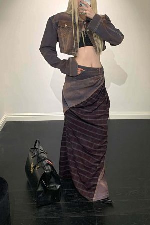 Rase le sol Cropped Denim Jacket and Paneled Skirt Set