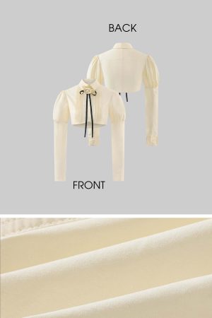 Rase le sol Cropped Puff-Sleeve Shirt with Pleated Front and Rosette Tie