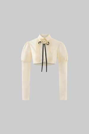 Rase le sol Cropped Puff-Sleeve Shirt with Pleated Front and Rosette Tie