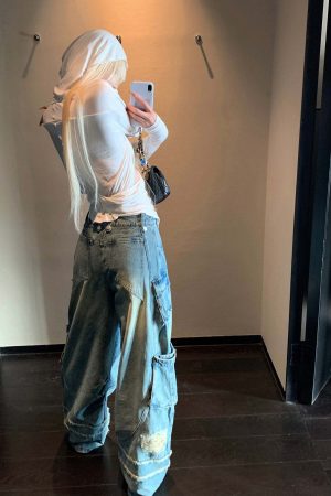 Rase le sol Deconstructed Distressed Wide-Leg Denim Pants