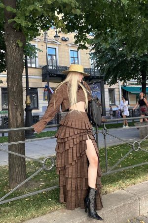 Rase le sol Deconstructed Plaid Shirt and Tiered Maxi Skirt Set