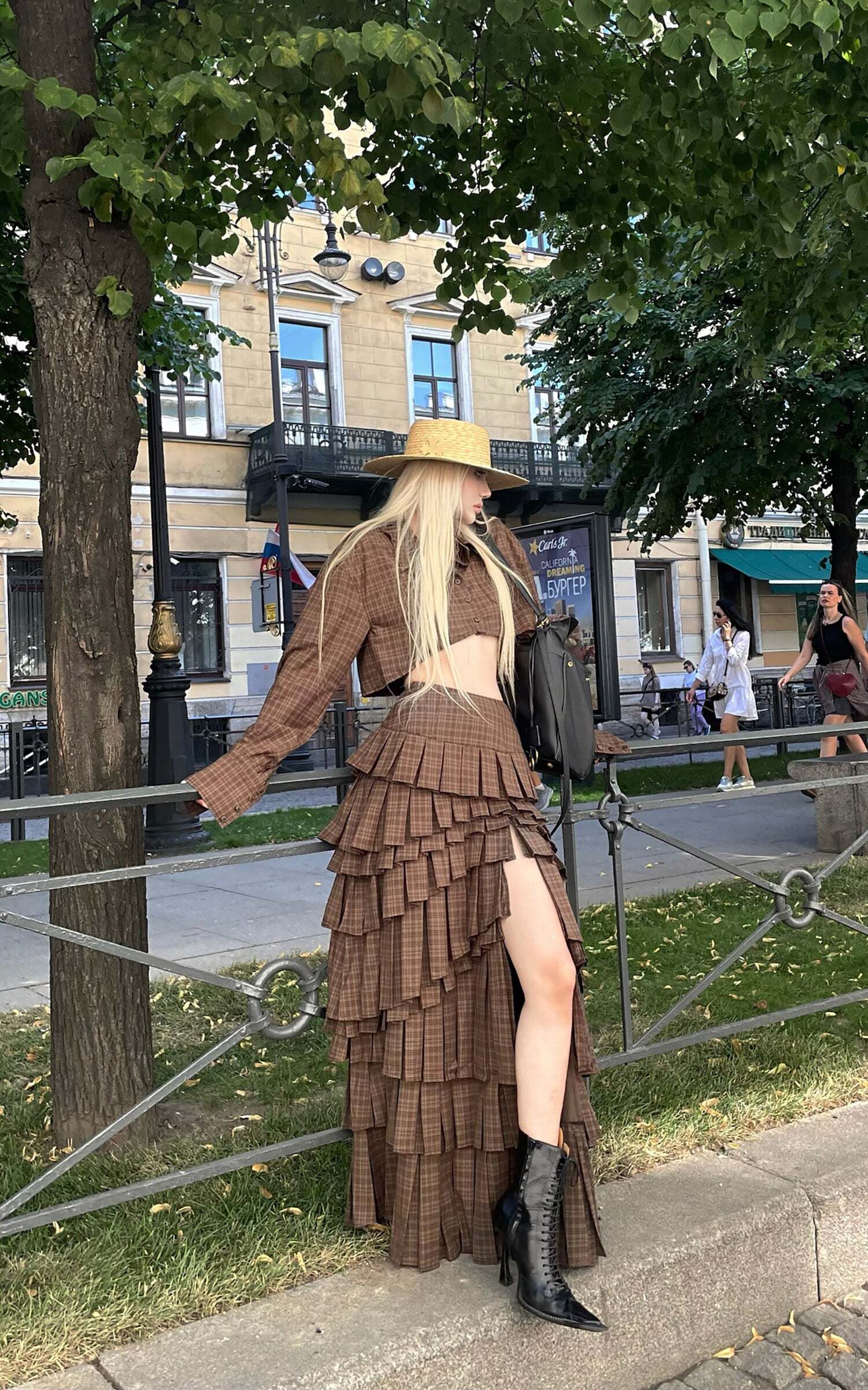 Rase le sol Deconstructed Plaid Shirt and Tiered Maxi Skirt Set Rase le sol Deconstructed Plaid Shirt and Tiered Maxi Skirt Set