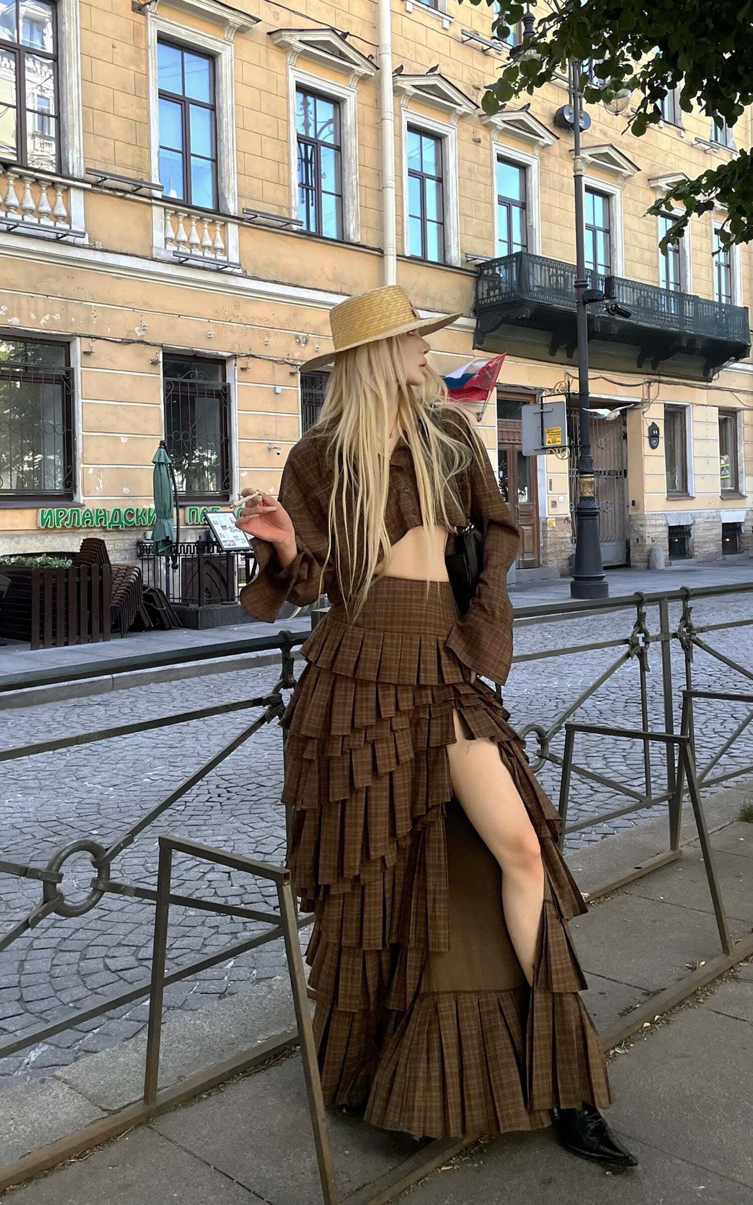 Rase le sol Deconstructed Plaid Shirt and Tiered Maxi Skirt Set Rase le sol Deconstructed Plaid Shirt and Tiered Maxi Skirt Set