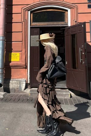 Rase le sol Deconstructed Plaid Shirt and Tiered Maxi Skirt Set