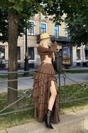 Rase le sol Deconstructed Plaid Shirt and Tiered Maxi Skirt Set