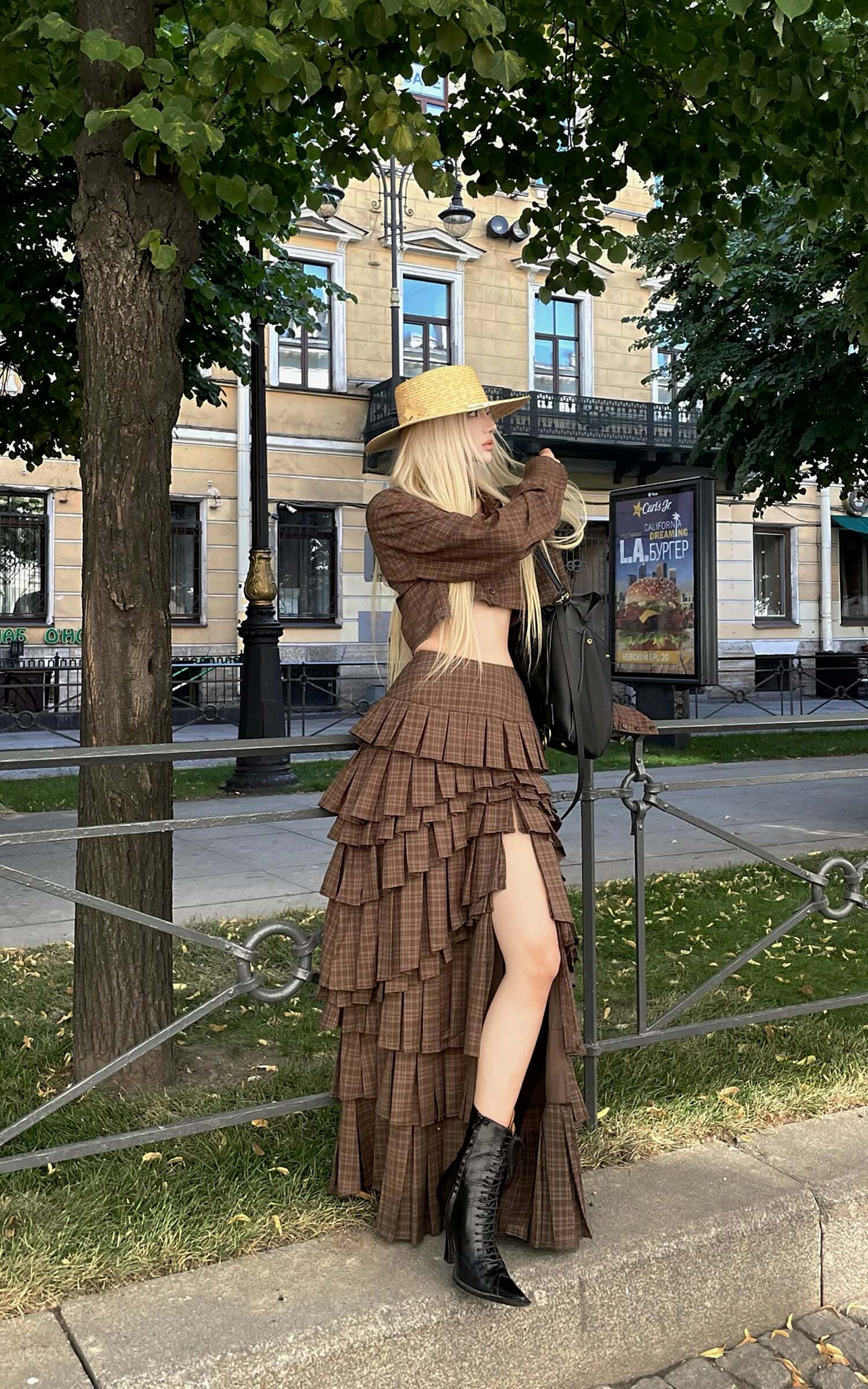 Rase le sol Deconstructed Plaid Shirt and Tiered Maxi Skirt Set Rase le sol Deconstructed Plaid Shirt and Tiered Maxi Skirt Set