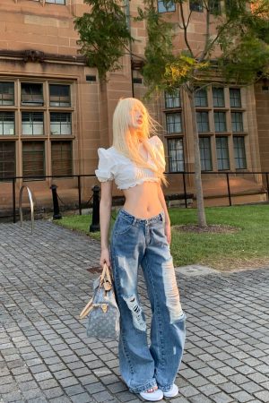 Rase le sol Distressed Wide-Leg Washed Denim Jeans