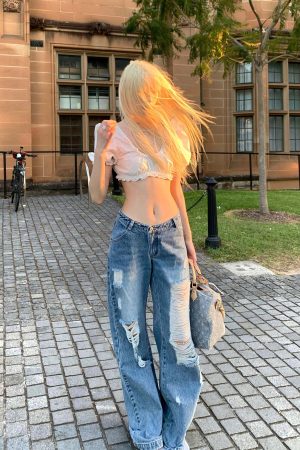 Rase le sol Distressed Wide-Leg Washed Denim Jeans