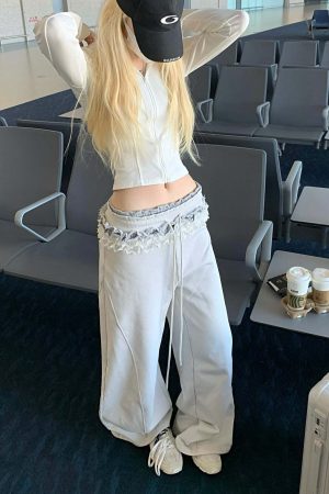 Rase le sol Double Waistband Lace-Trimmed Wide-Leg Pants