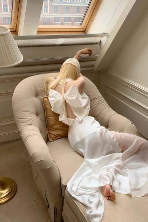 Rase le sol Draped Halter Backless Gown with Oversized Bow