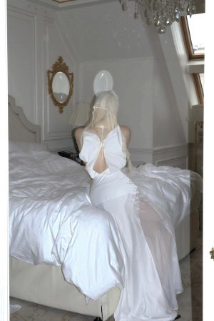 Rase le sol Draped Halter Backless Gown with Oversized Bow