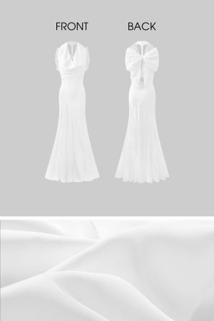 Rase le sol Draped Halter Backless Gown with Oversized Bow