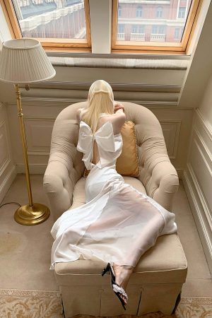 Rase le sol Draped Halter Backless Gown with Oversized Bow