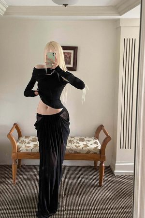 Rase le sol Draped Sheer Mesh Skirt with Lace Panels