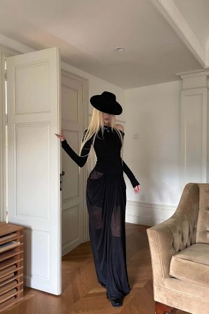 Rase le sol Draped Sheer Mesh Skirt with Lace Panels