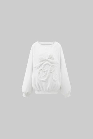 Rase le sol Embroidered Bow Off-Shoulder Sweatshirt