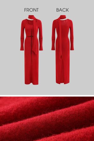 Rase le sol Fitted Knit Dress with Scarf